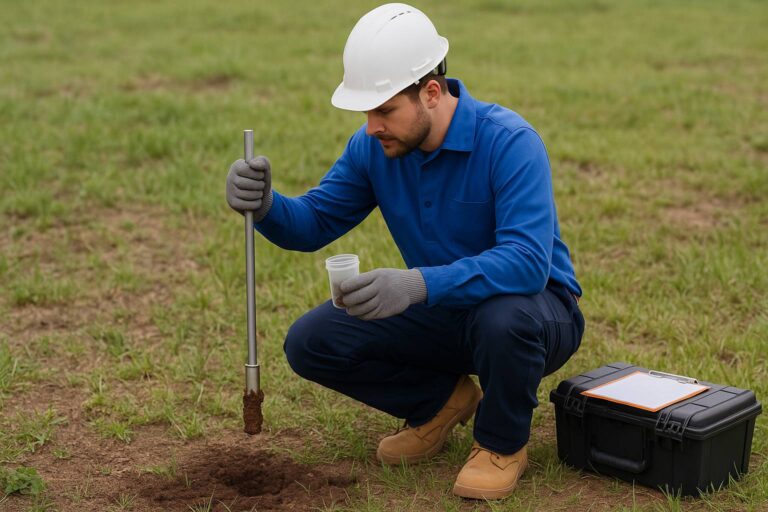 Technician conducting soil test for septic tank installation site.